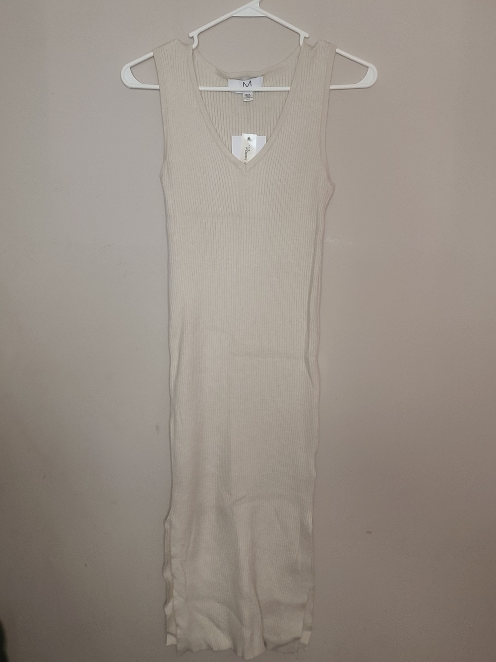 Magaschoni V-Neck Sleeveless Ribbed Knit Midi Side Slits Womens Beige Dress Sz M